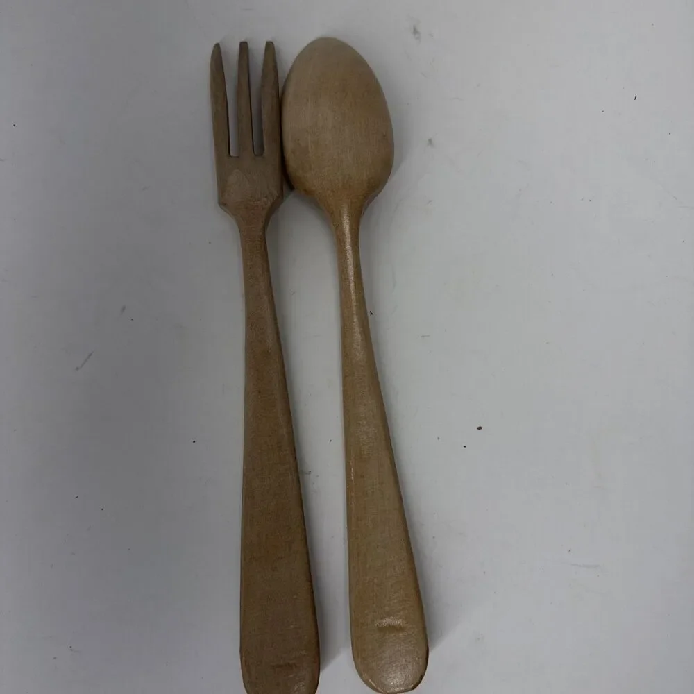 Vintage MCM Wood Spoon & Fork Wooden Rustic Salad Serving Set Mid Century Japan